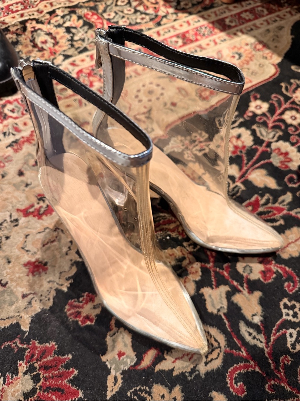 Clear PVC Pointed Ankle Boots with Silver Trim